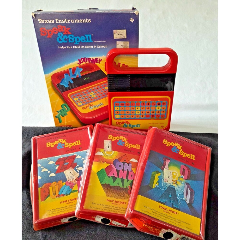 Vintage 1987 Texas Instruments Speak & Spell w/ Box, Manuals & 3 Cartridges